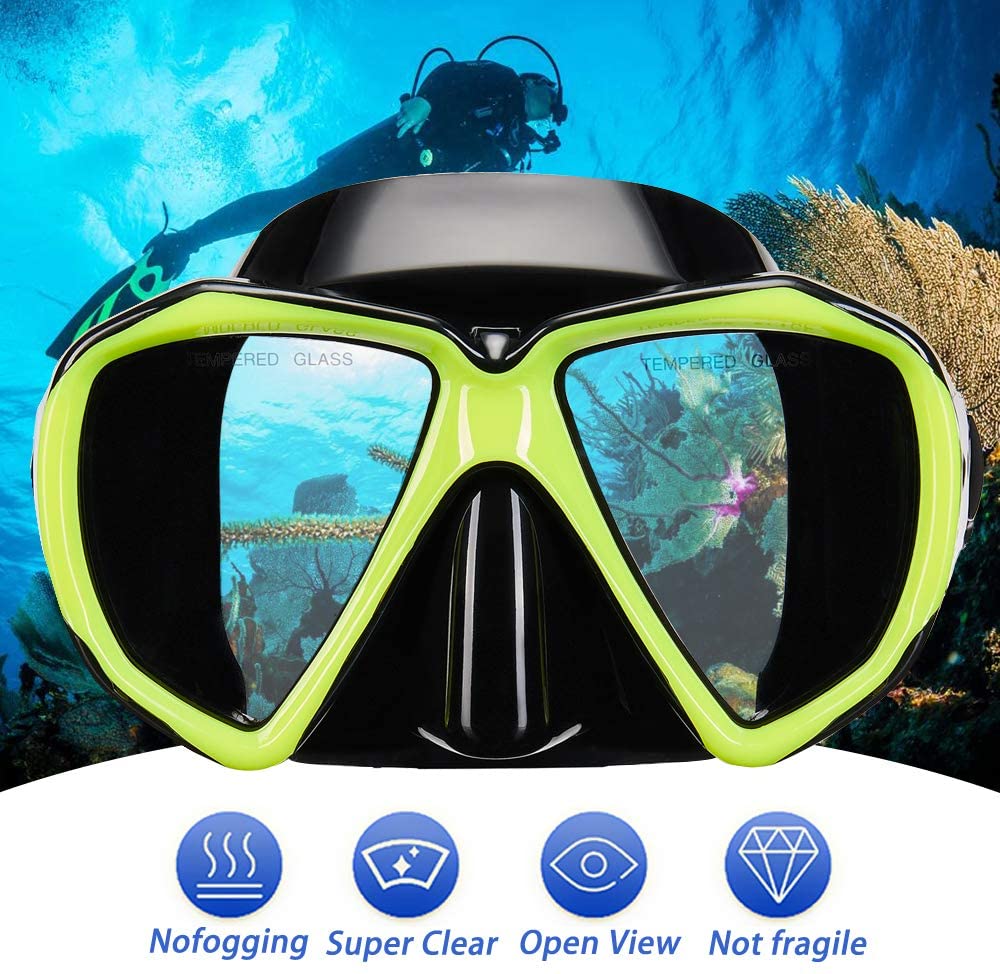 Green Snorkel And Mask Set Wide View Anti-Fog Tempered Glass